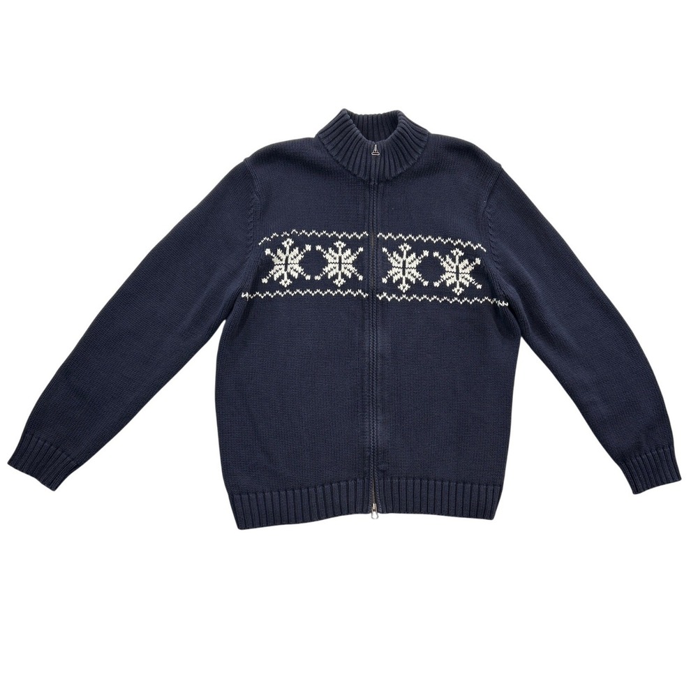 Lands End Sweater Mens L Navy Blue Snowflake Full Zip‎ Knit Jacket Cotton